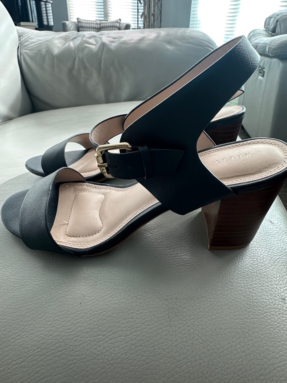 Navy Slingback Block Heel Sandals with Gold Buckle size 8 1/2